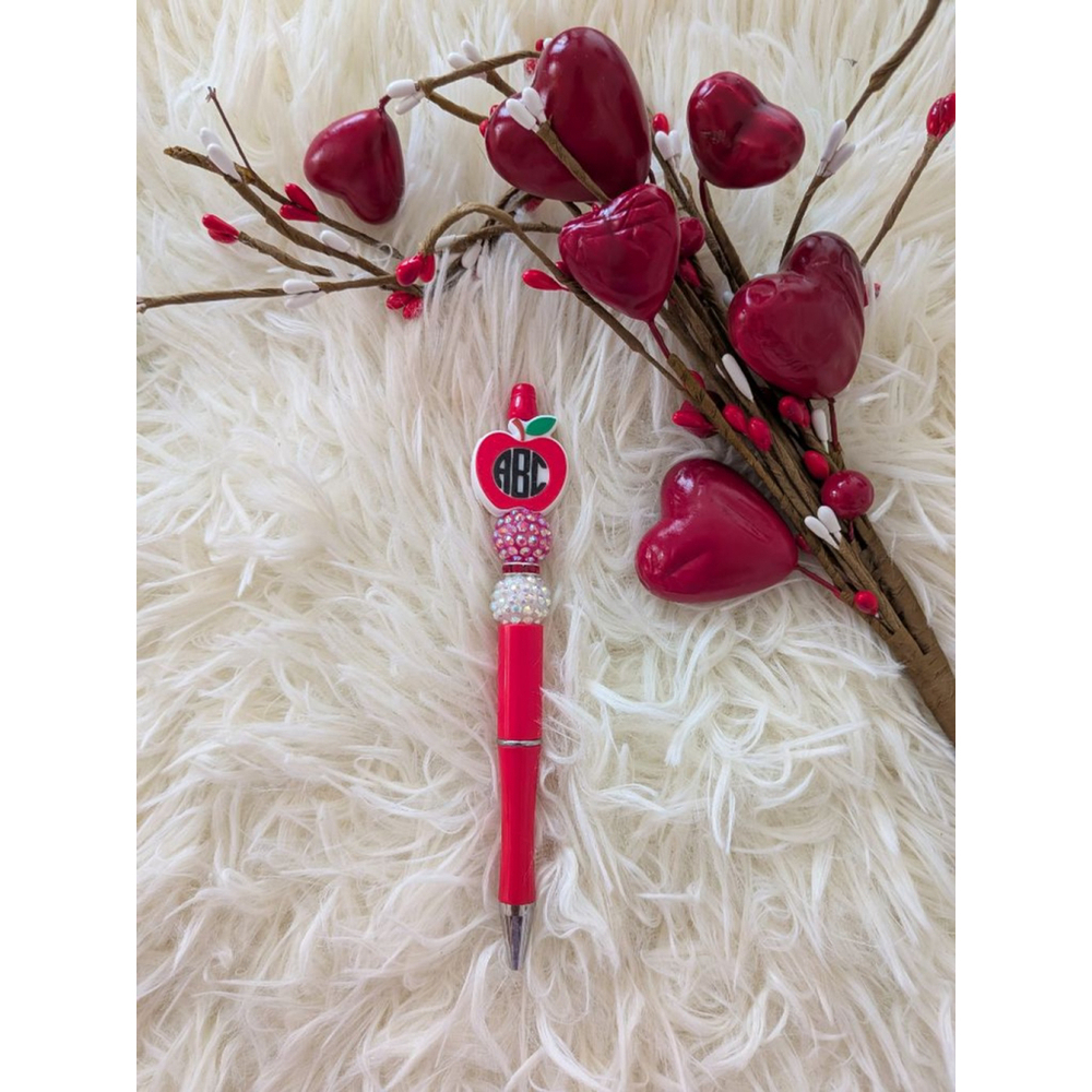 Teacher Apple Pen Red/White with Rhinestones and ABC Monogram